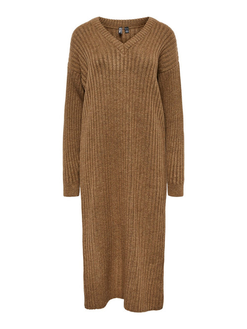 Silla Midi V-Neck Knit Dress - Deep Taupe - PIECES - Brown