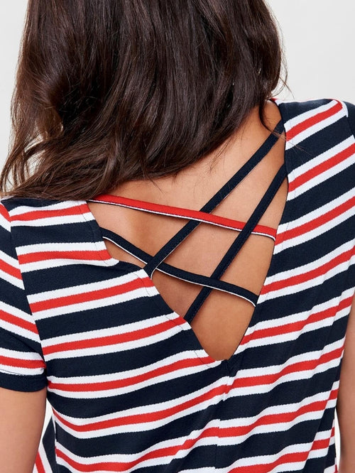 Loose dress with back details - Red & Blue Striped - ONLY - Red