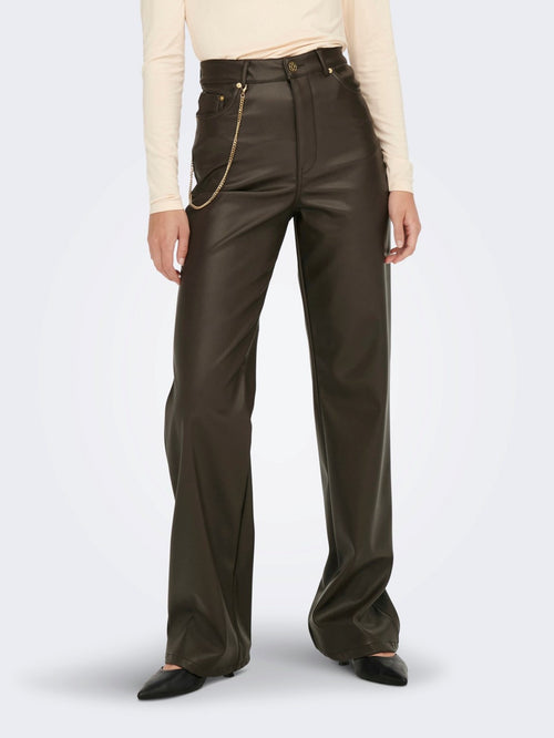 Camille Wide Faux Leather Pants - Delicioso - ONLY - Brown