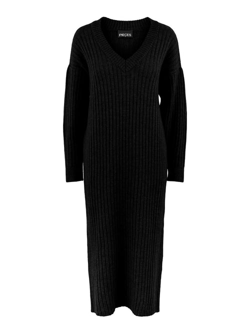 Silla Midi V-Neck Knit Dress - Black - PIECES - Black