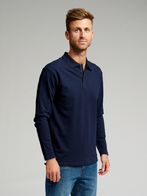 Muscle Long Sleeve Polo Shirt - Navy - TeeShoppen - Blue