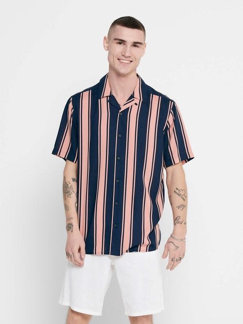 Striped short-sleeved shirt - Misty Rosé - Only & Sons - Red