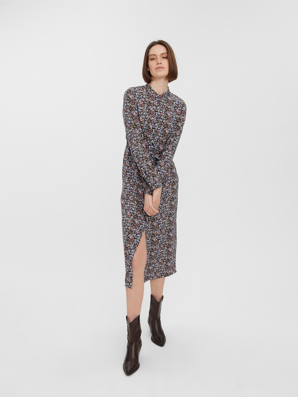 Easy Long Shirt Dress - Black with Blue Flowers