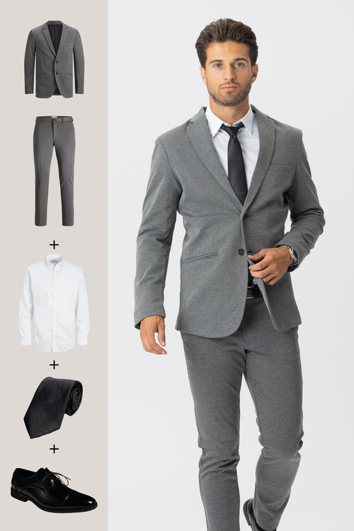 The Original Performance Suit (Dark Grey Melange) + Shirt, Tie & Derby Shoes - Package Deal