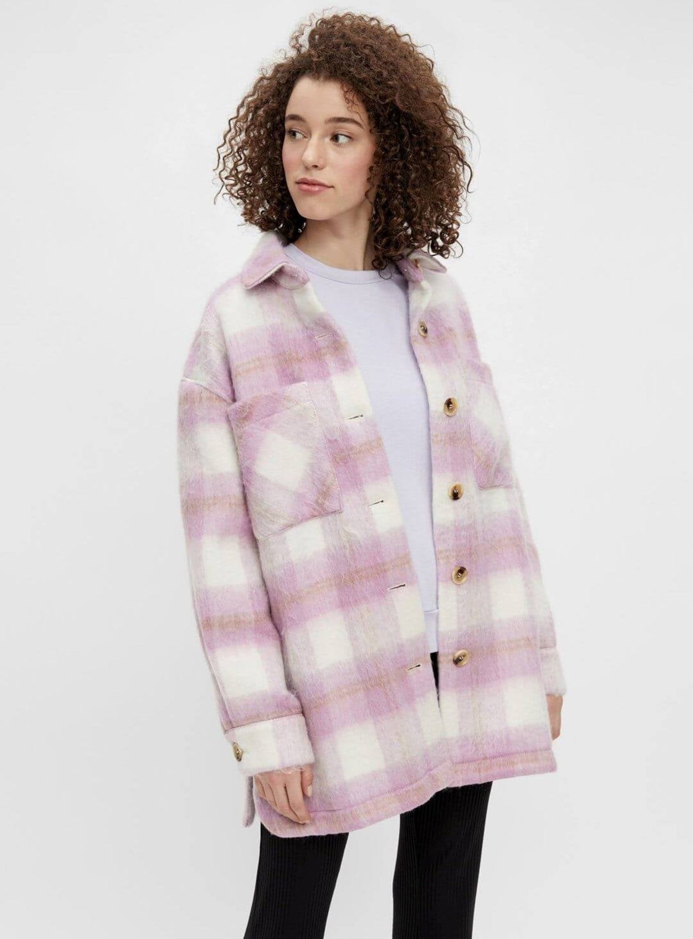 Oversized checked shacket - Pink - PIECES - Pink