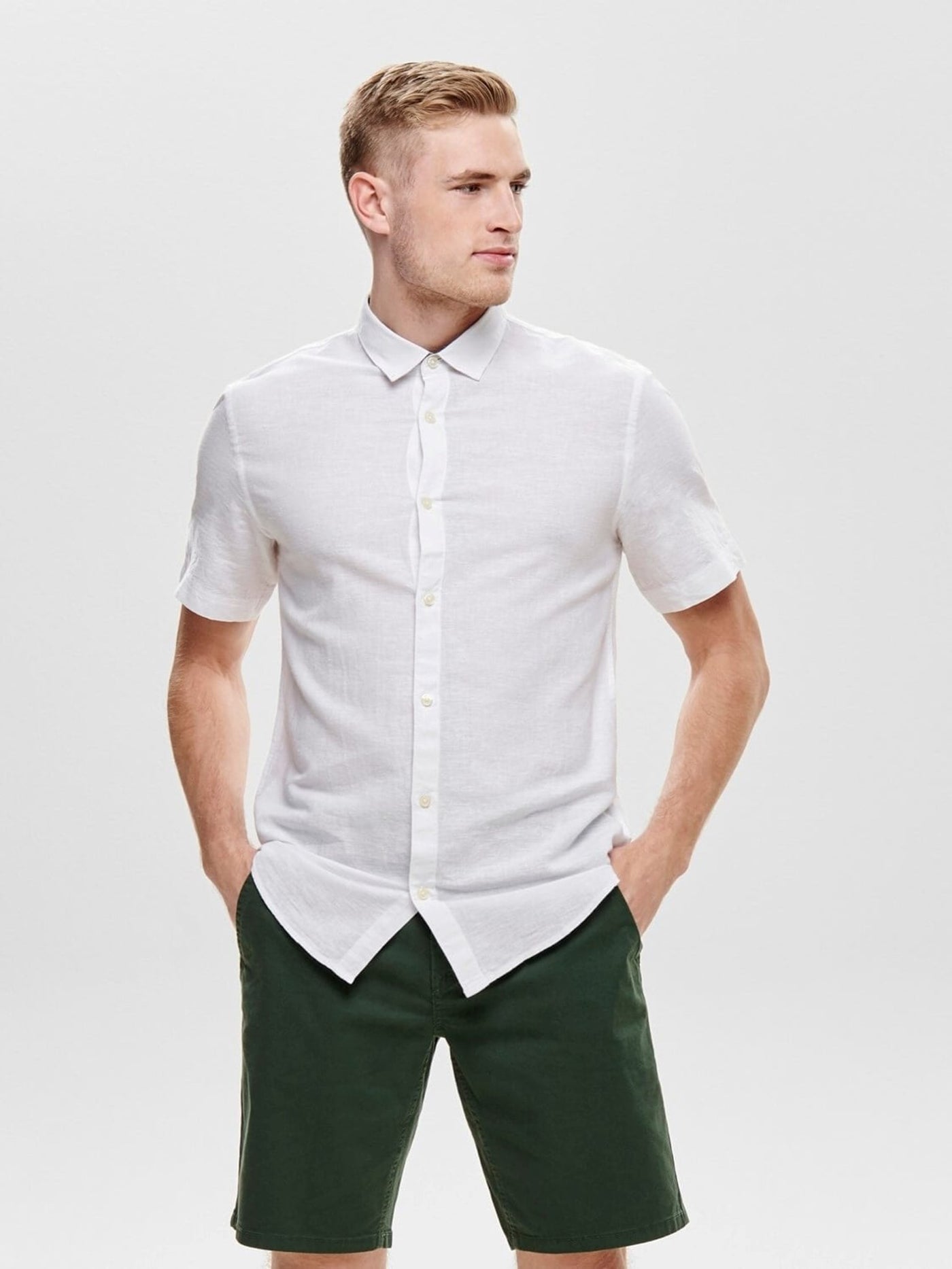 Short-sleeved linen shirt - White - Only & Sons - White