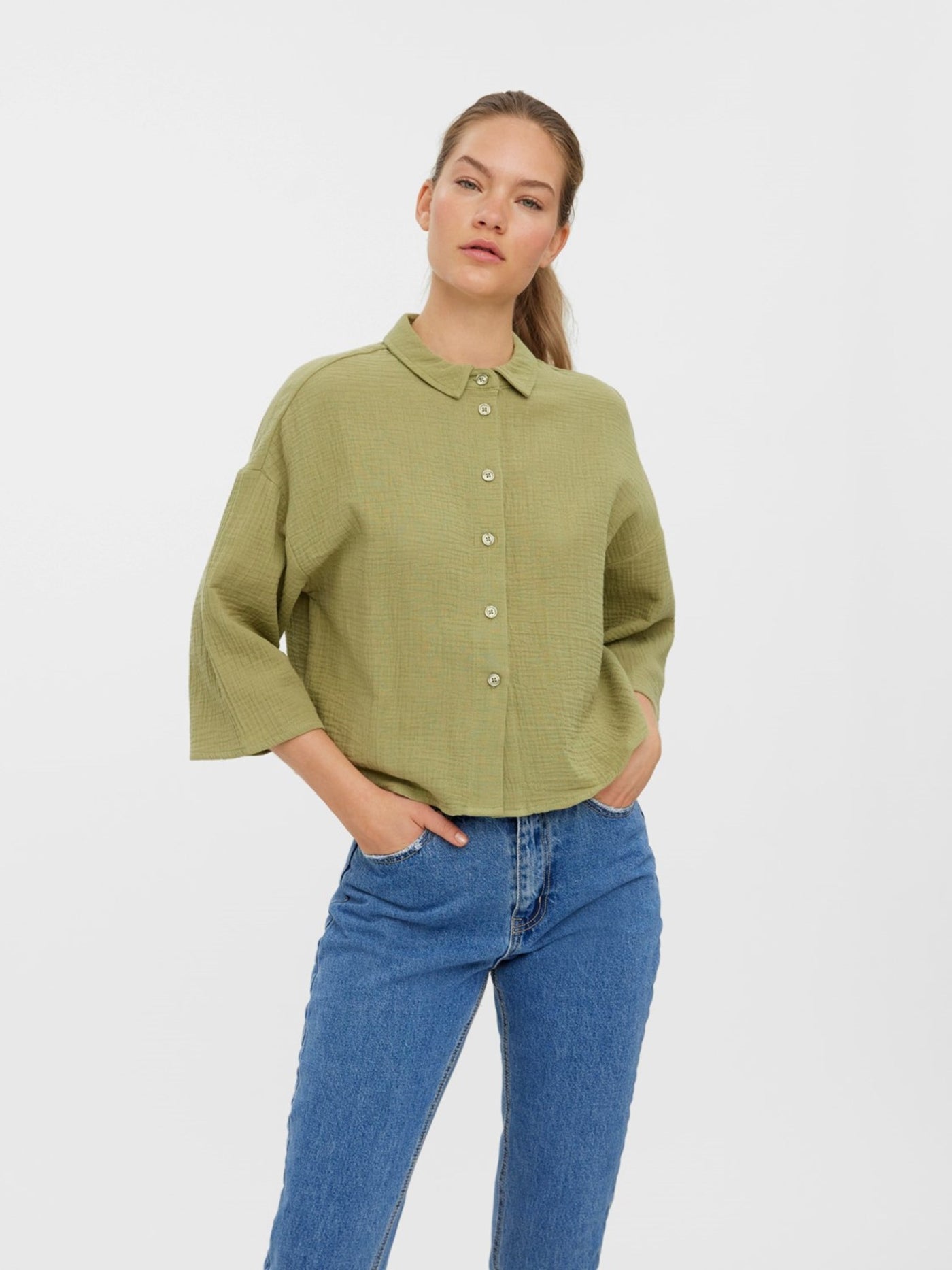 Natali 3/4 Crop Shirt - Sage - Vero Moda - Green
